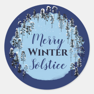 Snowy Winter Blue Forest Merry Solstice Holiday Classic Round Sticker