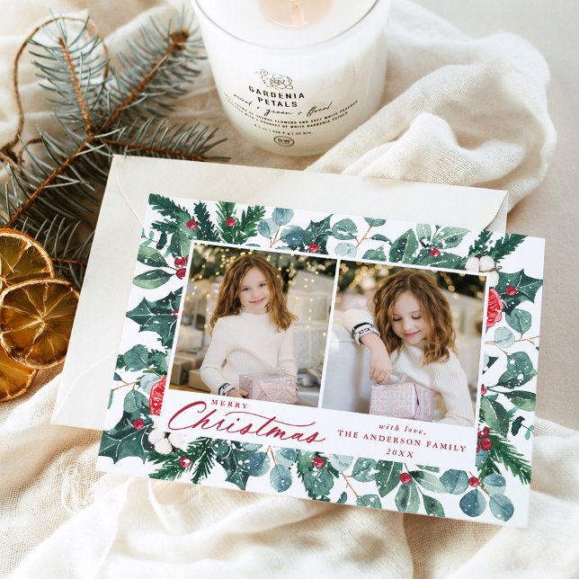 Snowy Winter Botanical Merry Christmas 2 Photo Holiday Card (Creator Uploaded)
