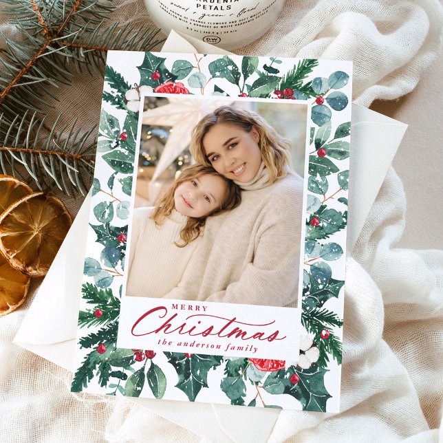 Snowy Winter Botanical Merry Christmas Photo Holiday Card (Creator Uploaded)