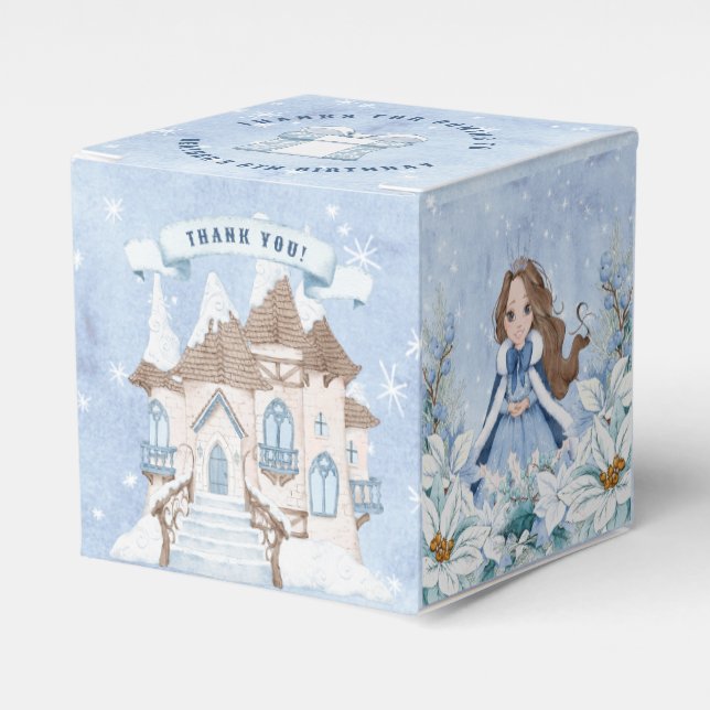 Snowy Winter Brunette Princess Birthday Favour Box (Front Side)