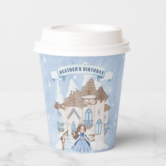 Snowy Winter Brunette Princess Birthday Paper Cups (Front)