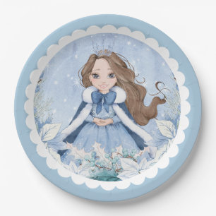 Snowy Winter Brunette Princess Birthday Paper Plate