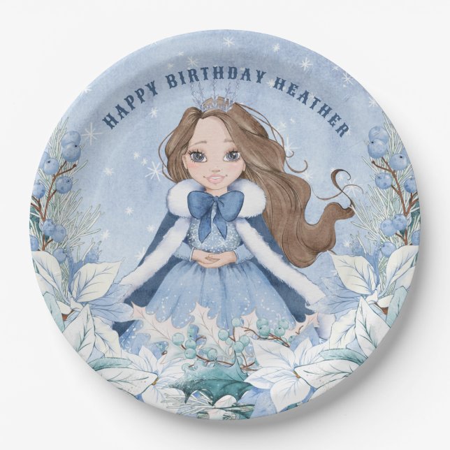 Snowy Winter Brunette Princess Birthday Paper Plate (Front)