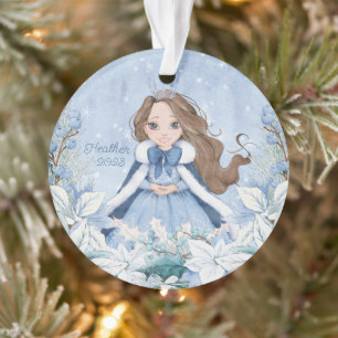 Snowy Winter Brunette Princess Ornament