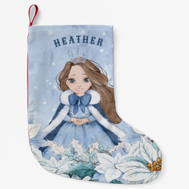 Snowy Winter Brunette Princess Small Christmas Stocking (Front)