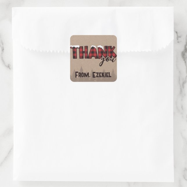 Snowy Winter Buffalo Plaid Birthday Thank You Square Sticker (Bag)