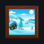 Snowy Winter Cabin and Cute Snowman Festive Gift Box<br><div class="desc">This charming, festive gift box features a snowy log cabin in the woods, a forest of fir trees, and a cute little snowman. In tones of blue and turquoise, the nostalgic design is just the dose of magic you need this winter season. Use as an elegant jewellery box, a keepsake...</div>