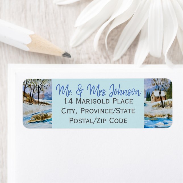 Snowy Winter Cabin Label (Insitu)