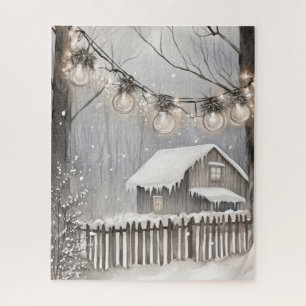 Snowy Winter Cabin String Lights Jigsaw Puzzle