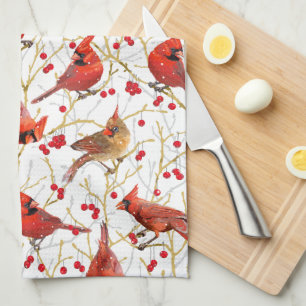 Snowy Winter Cardinals Winterberry Christmas Tea Towel
