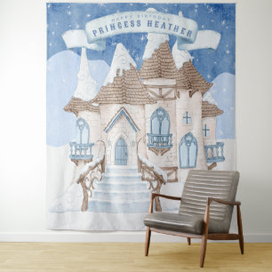 Snowy Winter Castle Photo Booth Backdrop Tapestry