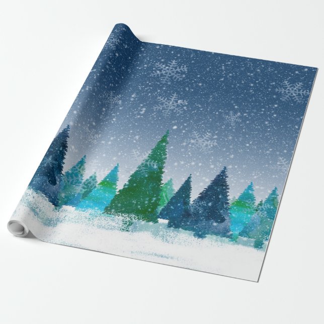 Snowy Winter Christmas Blue & Green Scene Wrapping Paper (Unrolled)