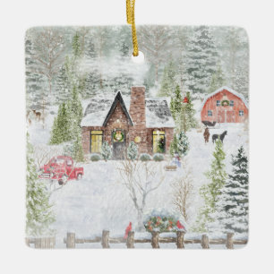 Snowy Winter Christmas Cabin Scene Ceramic Ornament
