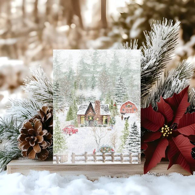 Snowy Winter Christmas Cabin Scene Holiday Card (Creator Uploaded)