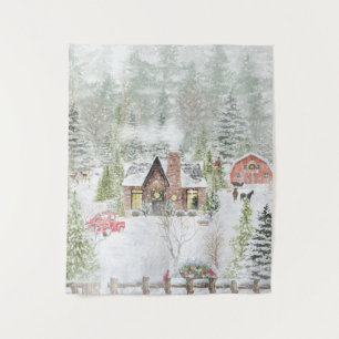 Snowy Winter Christmas Cabin Scene Tapestry