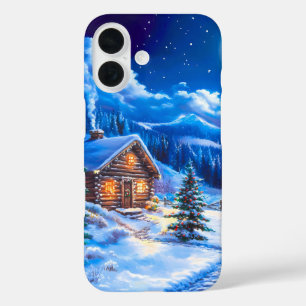 Snowy Winter Christmas Moon Night Cabin iPhone 16 Case