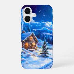 Snowy Winter Christmas Moon Night Cabin iPhone 16 Case