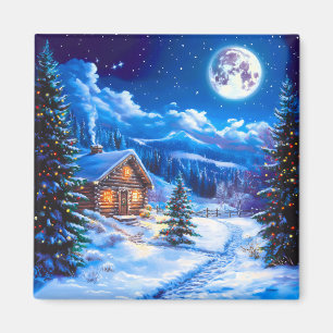 Snowy Winter Christmas Moon Night Cabin Magnet
