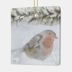 Snowy Winter Christmas Robin Bird Ceramic Ornament