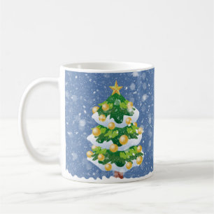 Snowy Winter Christmas Tree with Gold Ornaments Coffee Mug