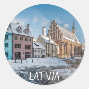 Snowy winter city center in Riga, Latvia Classic Round Sticker