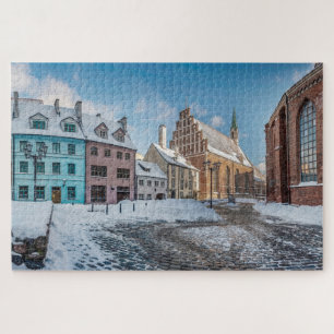 Snowy winter city center in Riga, Latvia Jigsaw Puzzle