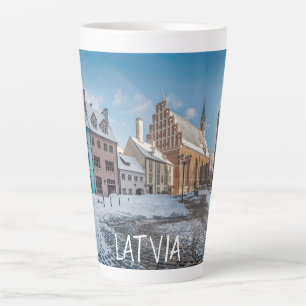 Snowy winter city center in Riga, Latvia Latte Mug
