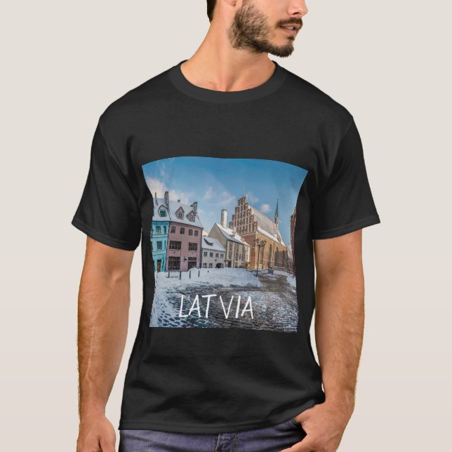 Snowy winter city center in Riga, Latvia T-Shirt (Front)