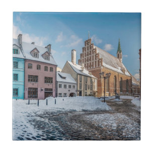 Snowy winter city center in Riga, Latvia Tile