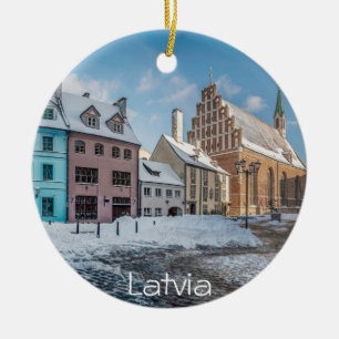 Snowy winter city centre in Riga, Latvia Ceramic Tree Decoration