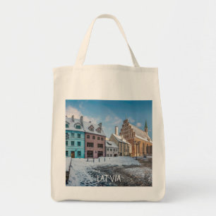 Snowy winter city centre in Riga, Latvia Tote Bag
