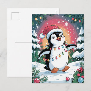 Snowy Winter Cute Penguin in Santa Hat Christmas   Holiday Postcard