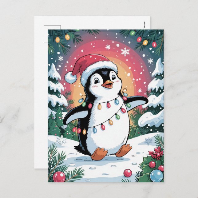 Snowy Winter Cute Penguin in Santa Hat Christmas   Holiday Postcard (Front/Back)
