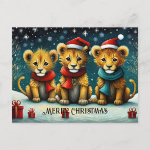 Snowy Winter Cute Santa Baby Lions Christmas Postcard