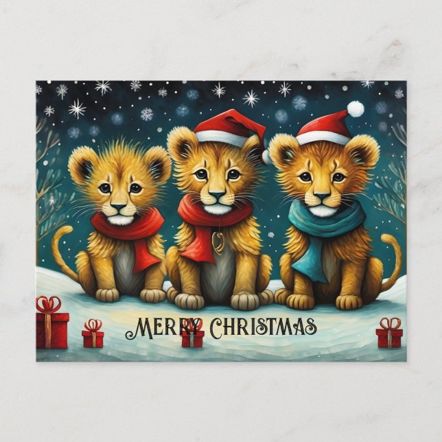Snowy Winter Cute Santa Baby Lions Christmas Postcard (Front)