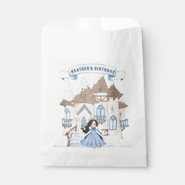 Snowy Winter Dark Haired Princess Birthday Favour Bags (Front)