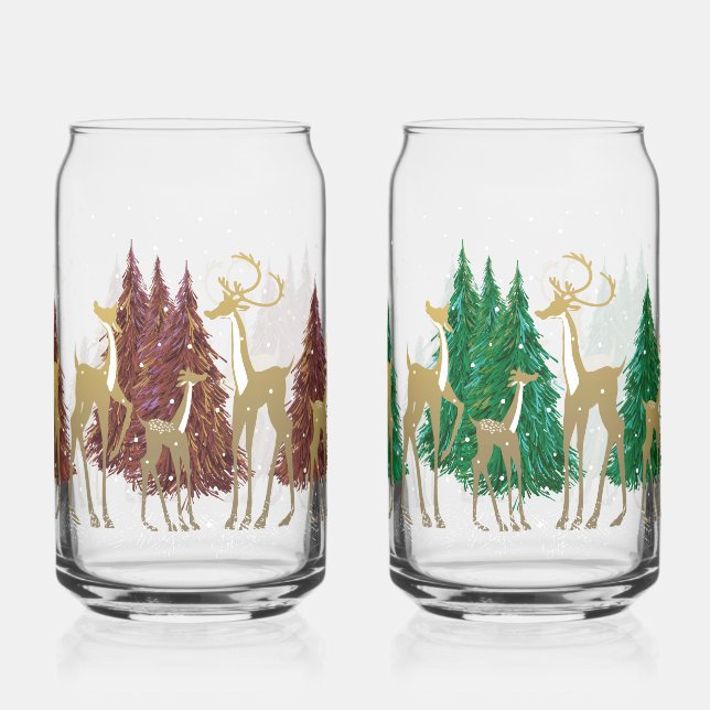 Snowy Winter Deer in Wooded Forest Can Glass (Back)