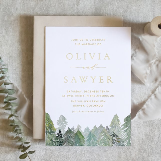 Snowy Winter Evergreen Forest QR Code Wedding (This gold foil wedding invitation features a snowy evergreen forest painted in soft watercolor tones)