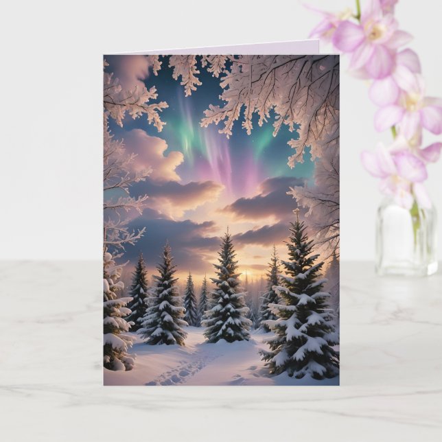 Snowy winter forest, ice crystals, northern lights card (Orchid)