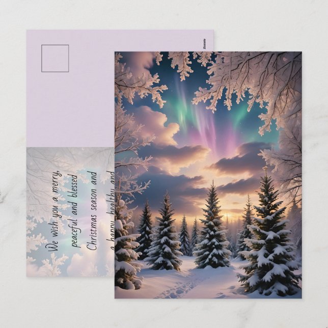 Snowy winter forest, ice crystals, northern lights holiday postcard (Front/Back)