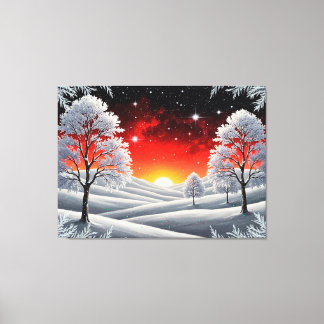 Snowy Winter Forest Under Red Sunset Canvas Print