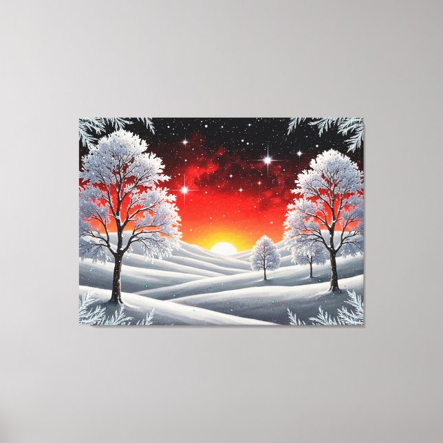 Snowy Winter Forest Under Red Sunset Canvas Print (Front)
