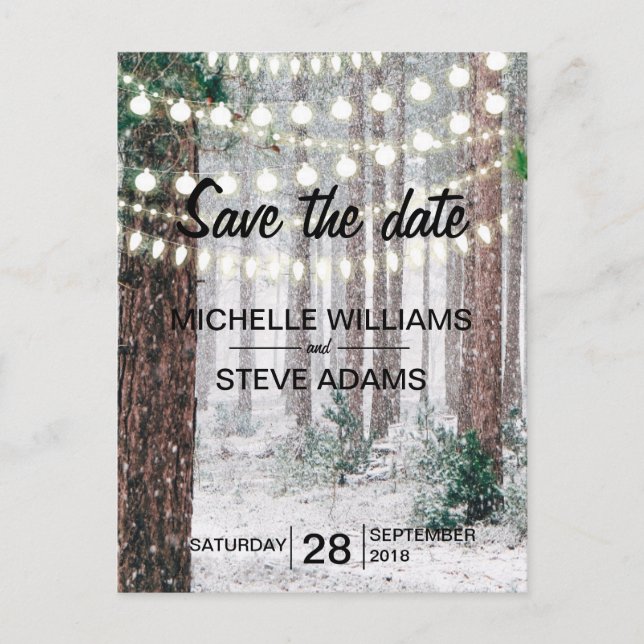 Snowy Winter Forest Wedding Save the Date Announcement Postcard (Front)