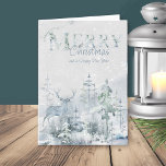 Snowy Winter Forest with Stag Merry Christmas Holiday Card<br><div class="desc">Personalised watercolor christmas card with snowy winter forest and stag in soft shades of blue and green. Wording reads "wishing you a merry christmas and a happy new year" and you can personalise the remaining text. Subtle and elegant watercolor design with decorative typography.</div>