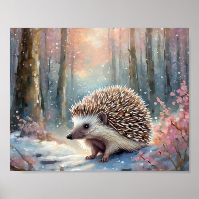 Snowy Winter Hedgehog Modern Art Poster (Front)