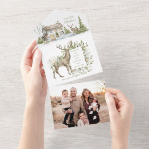 Snowy Winter House w/ Deer Photo Christmas Card