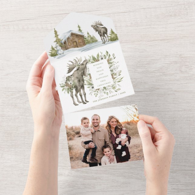 Snowy Winter House w/ Moose | Photo Christmas Card (Tearaway)