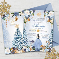 Snowy Winter Ice Blue and Gold Floral Quinceanera