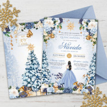 Snowy Winter Ice Blue and Gold Floral Quinceanera