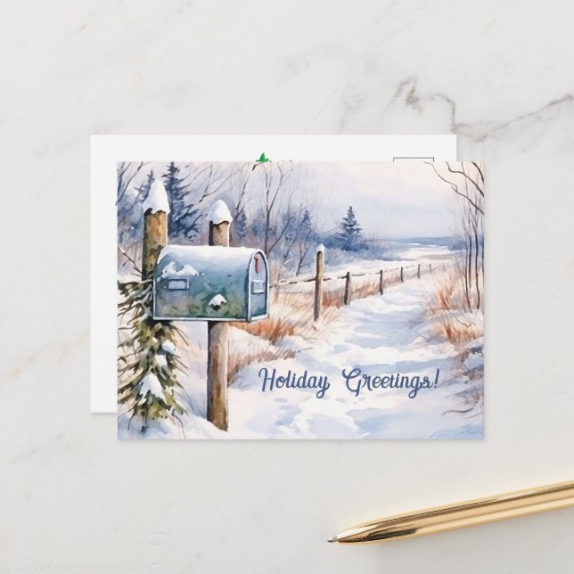 Snowy Winter Landscape Holiday Postcard (Front/Back In Situ)